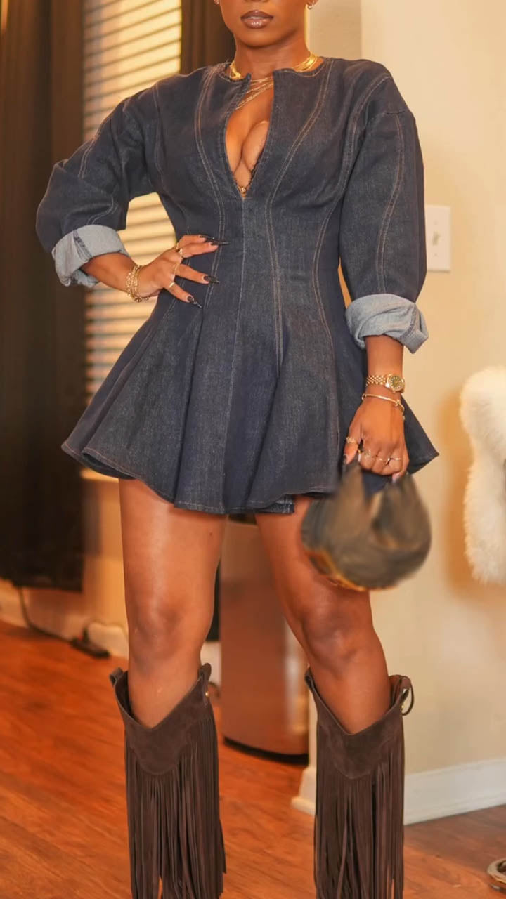 Women V-neck Patchwork Elegant Casual Denim Dress