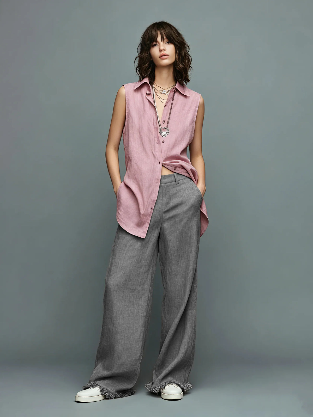 Women's Minimalist Linen-Blend Sleeveless Shirt And Straight-Leg Trousers Set With Fringed Hem MDZ3077F2WY