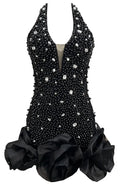 Halter Embellished Floral Hem Dress Black