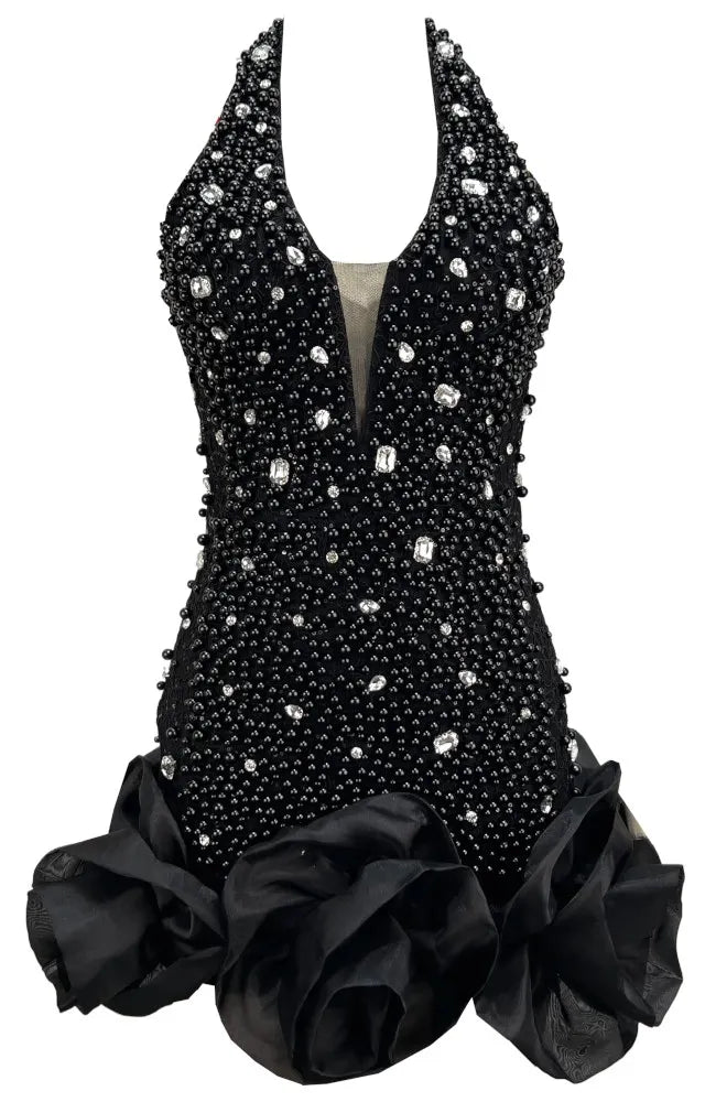 Halter Embellished Floral Hem Dress Black