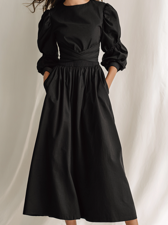 Women's Elegant Black Cotton Blend Round Neck Puff Sleeve Smocked Waist Midi Dress MDZ1769G5ZSQ