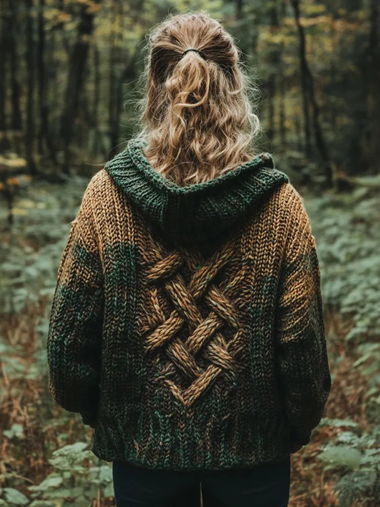 Women's Vintage Celtic Knot Gradient Jacquard Comfort Knit Hooded Cardigan