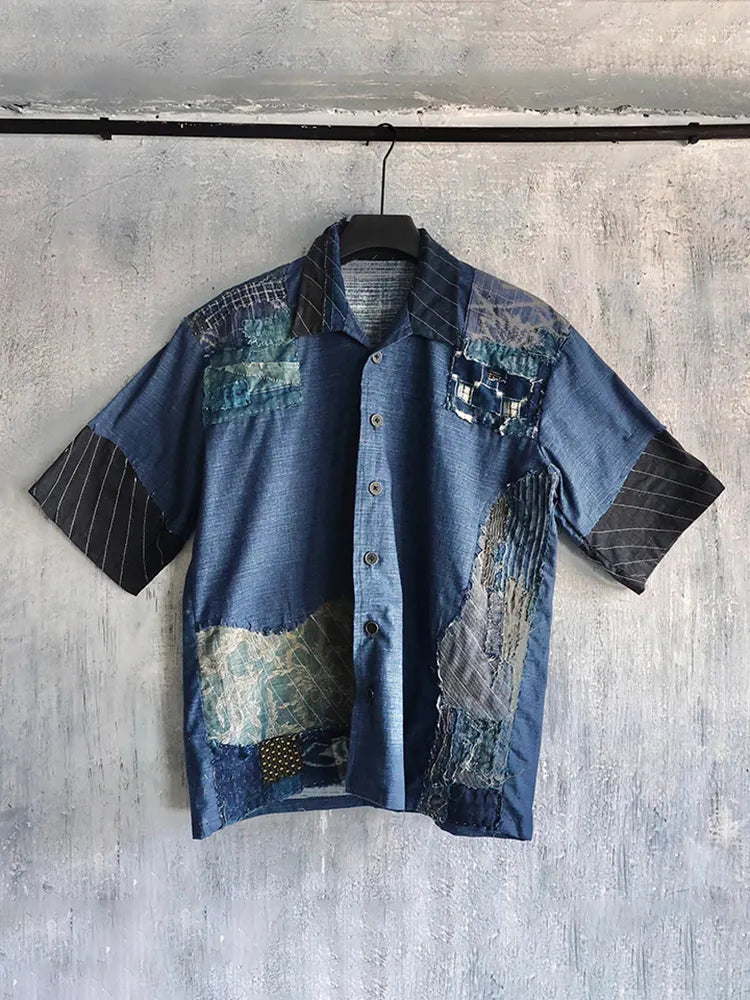 Retro Japanese Sashiko Patchwork Art Short-sleeved Shirt
