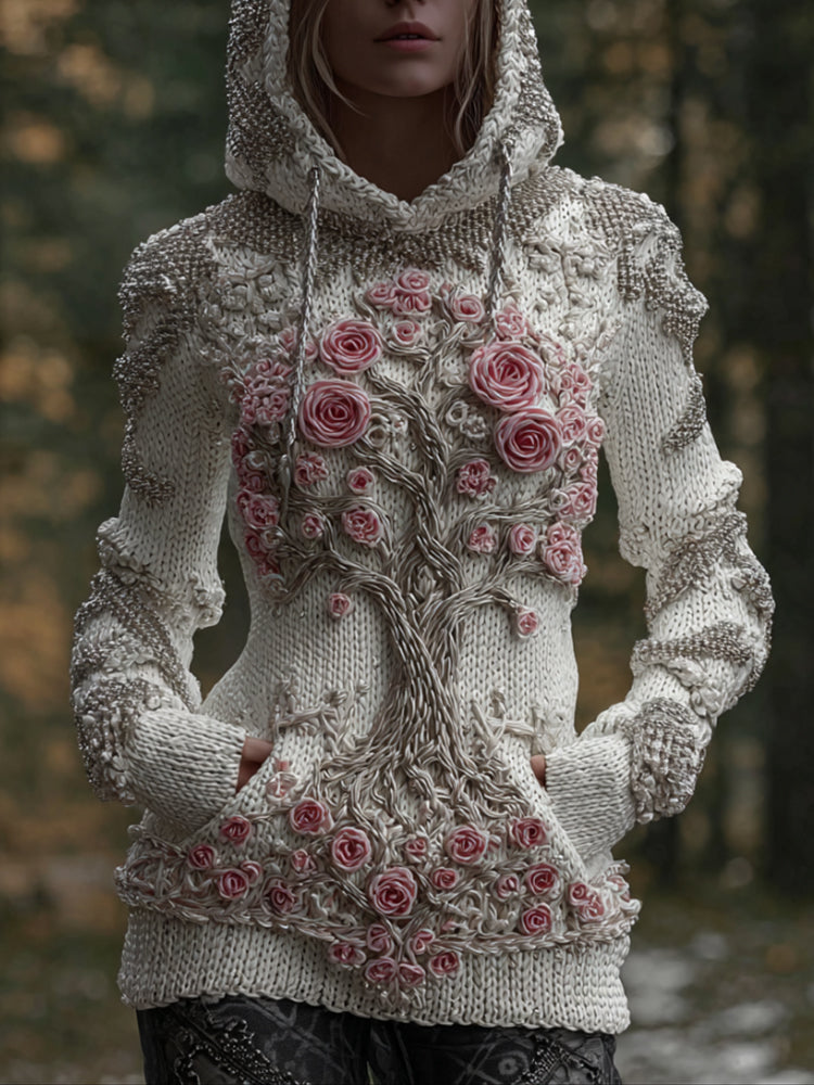 Women's Viking Style Tree Of Life Beaded Beige Fashionable Hooded Sweater