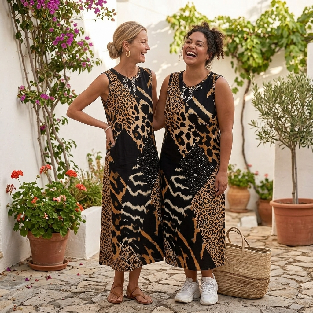 Vivara – Sleeveless Leopard Patchwork Midi Dress