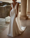 Ivory Satin V-Neck Mermaid Train Wedding Dress