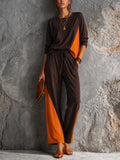 Women's Casual Dark Brown Spliced Orange Cotton Blend Contrast Slice Drawstring Wide Leg Pants Two Piece Set MDZ1329G3GMJ