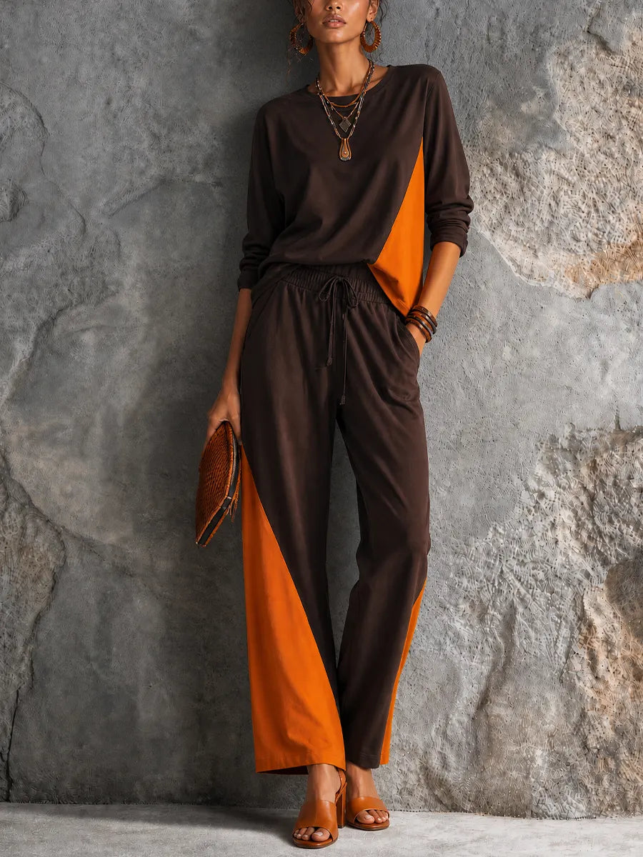 Women's Casual Dark Brown Spliced Orange Cotton Blend Contrast Slice Drawstring Wide Leg Pants Two Piece Set MDZ1329G3GMJ