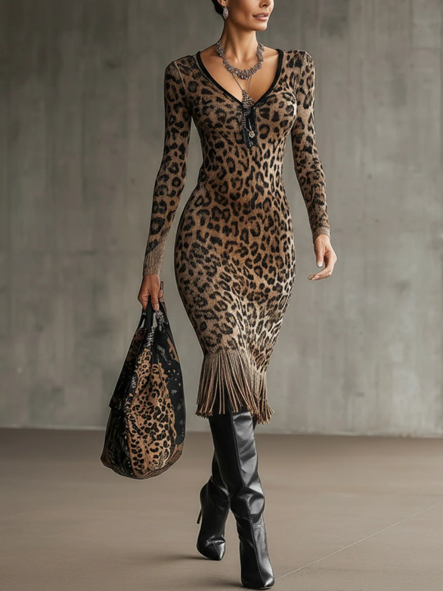 Business Casual Khaki Leopard V Neck Long Sleeve Bodycon Elegant Strappy Midi Dresses