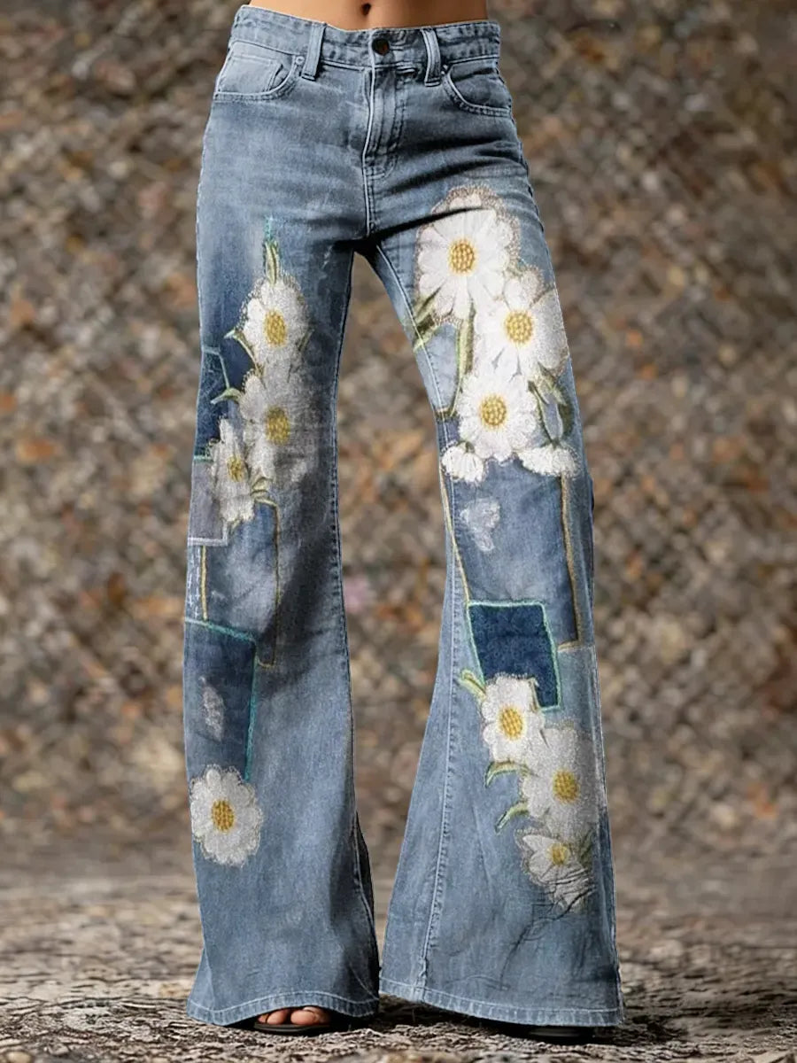 Women's Floral Art Print Washed Pants