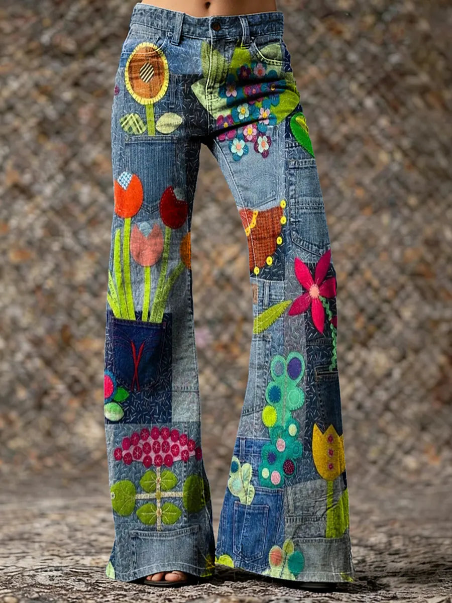 Women's Floral Patchwork Art Print Washed Pants
