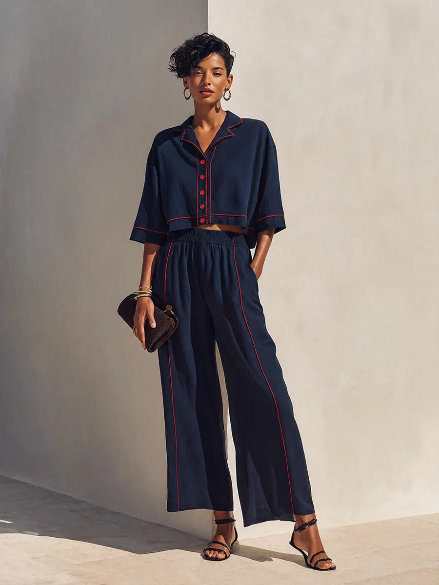 Women's Navy Cotton Linen Contrast Red Piping Cropped Shirt & Wide-Leg Pants Set MDZ2086G0ZRK