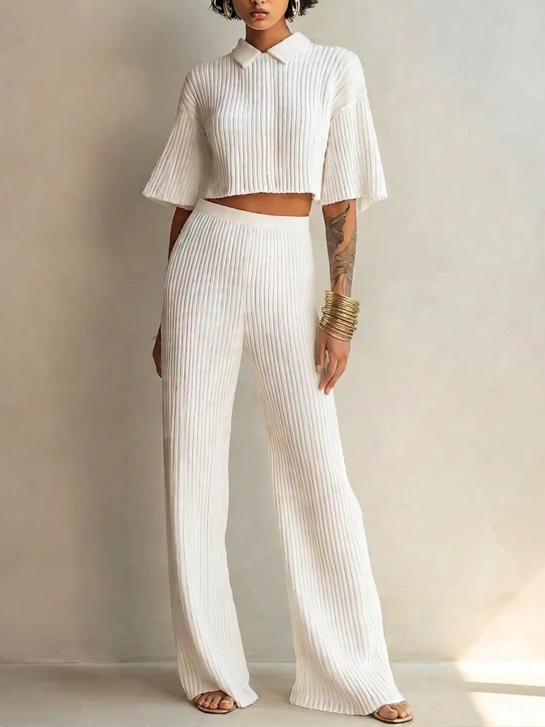 Women's Elegant White Pleated Ribbed Knit Collared Short Flared Sleeve Cropped Top And High-Waist Wide-Leg Pants Two-Piece SetMDZ0999G0ZSQ