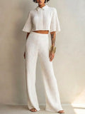 Women's Elegant White Pleated Ribbed Knit Collared Short Flared Sleeve Cropped Top And High-Waist Wide-Leg Pants Two-Piece SetMDZ0999G0ZSQ