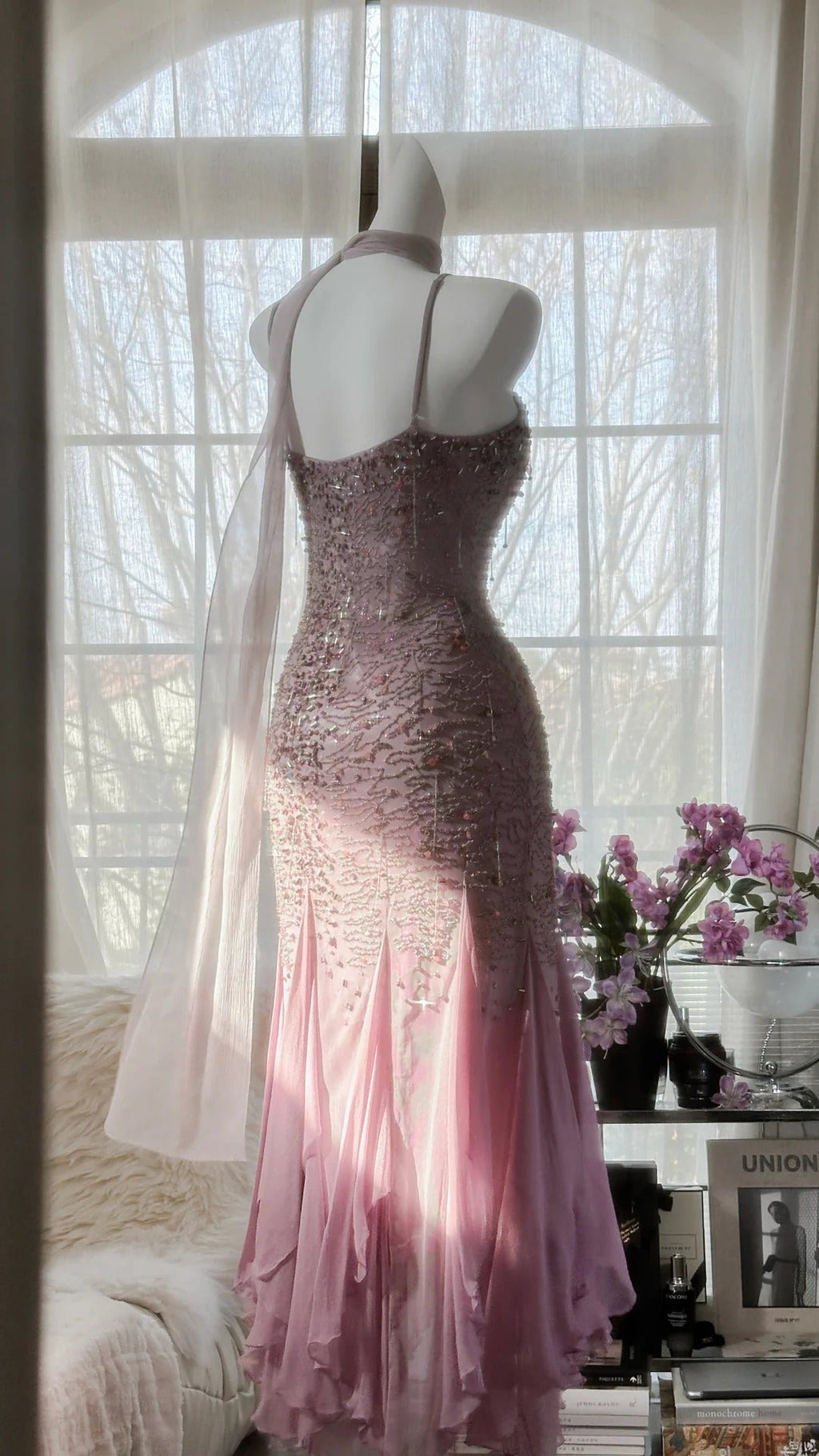 Pink Purple Elegant Romantic Exquisite Beaded Long Chiffon Ball Gown Evening Dress Birthday/Wedding Guest/Holiday Party Dress Prom Dress 4021
