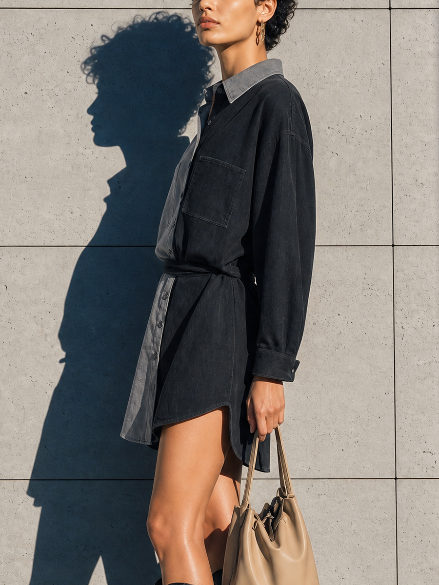 Women's Black Gray Color Block Faux Denim Collared Long Sleeve Double Pocket Belted Shirt MDZ1483G2YZJ