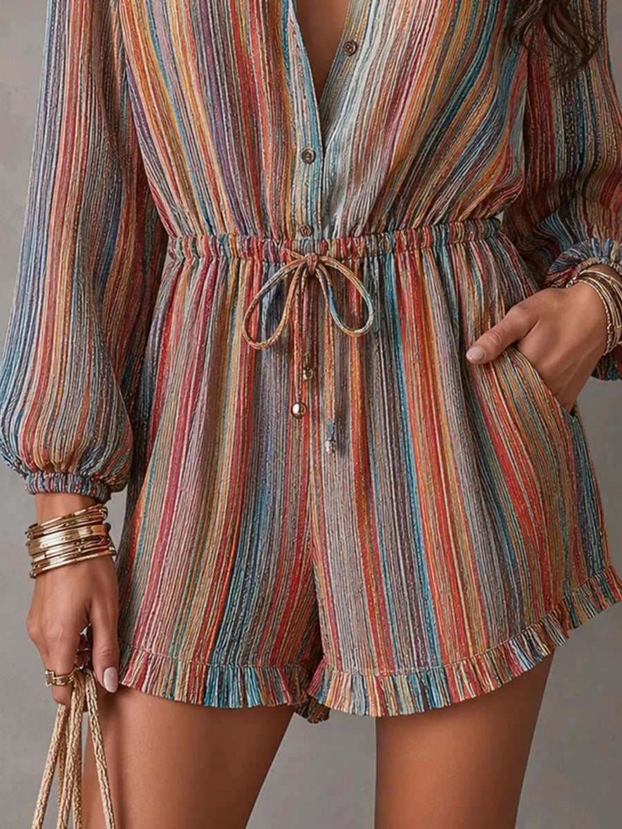 Boho Rainbow Stripe Cotton Linen Blend Drawstring Waist Romper