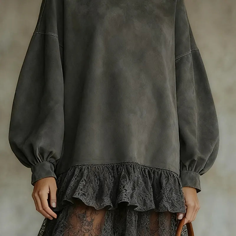 Women's Autumn And Winter Western Retro Suede Fabric Loose Casual Stand Collar Lace Decoration Dress