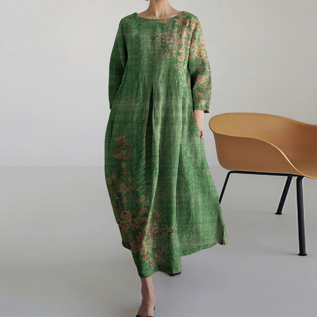 Vintage Green Floral Round Neck Casual Dress