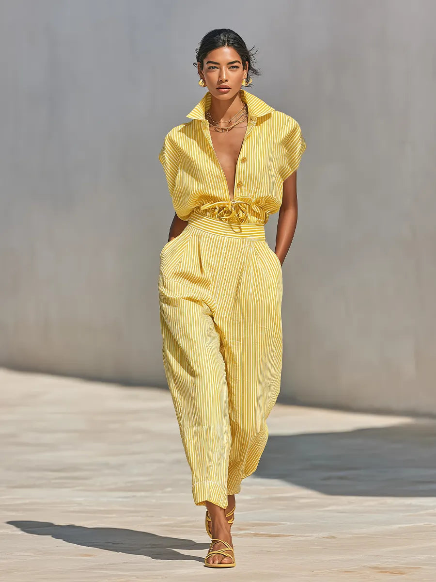 Women's Lemon Vertical Stripe Textured Co-Ord With Front Button Blouse & Side Pocket Tapered Trousers, Effortless-Chic Beach Casual Outfit MDZ2203F4LYL