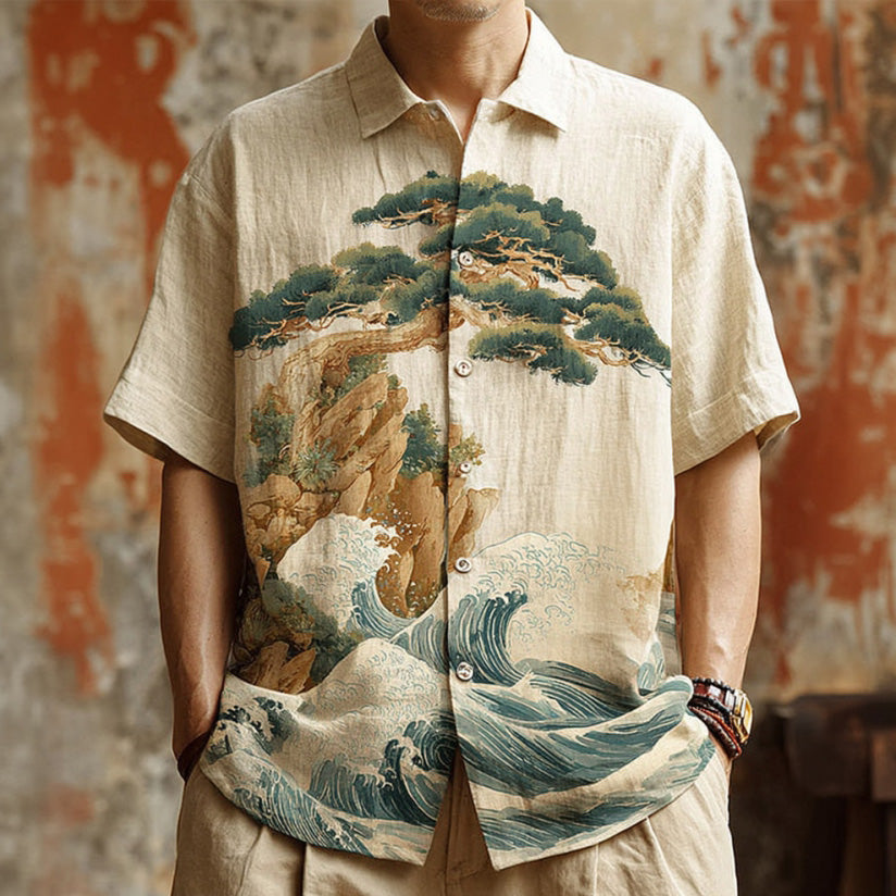 Men's Japanese-style Landscape Pattern Linen Short-sleeved Shirt