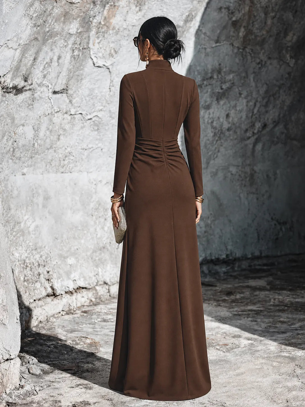 Women's Elegant Dark Brown Cotton Blend Front Zip Ruched Waist Maxi Dress MDZ1751G2GMJ