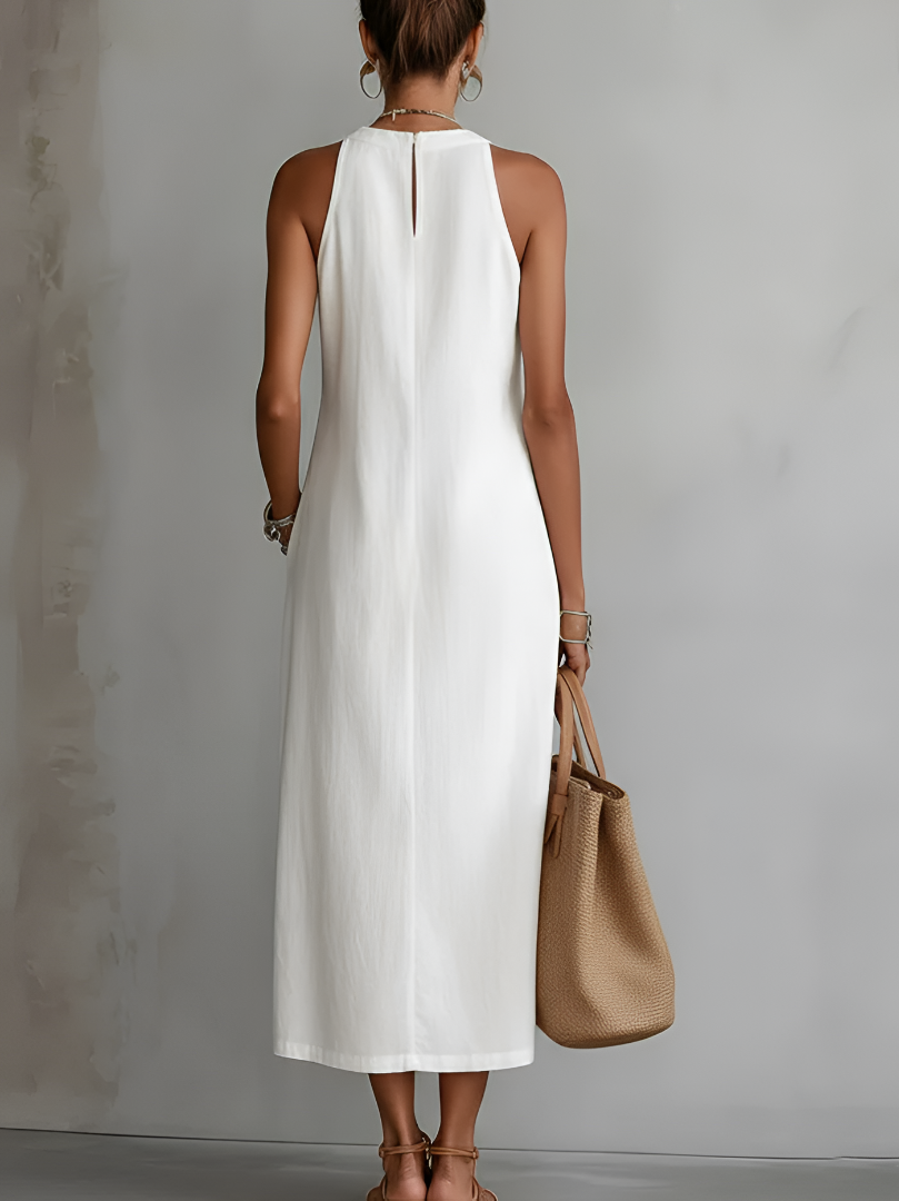 Relaxed Embroidered Mandarin Collar Midi Dress