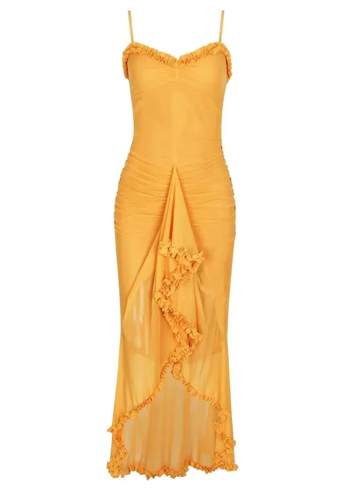 Ruffle Detail Ruched Maxi Dress Yellow