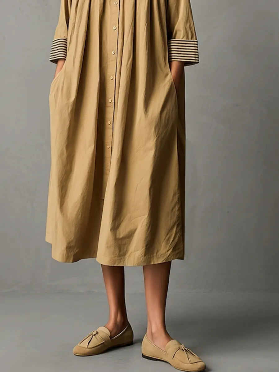 Women's Khaki Cotton Midi Shirt Dress With Stand Collar Gathered Neck & Striped Cuff Three Quarter Sleeves, Lagenlook Loose Casual Midi Dress MDZ1476G7LYL