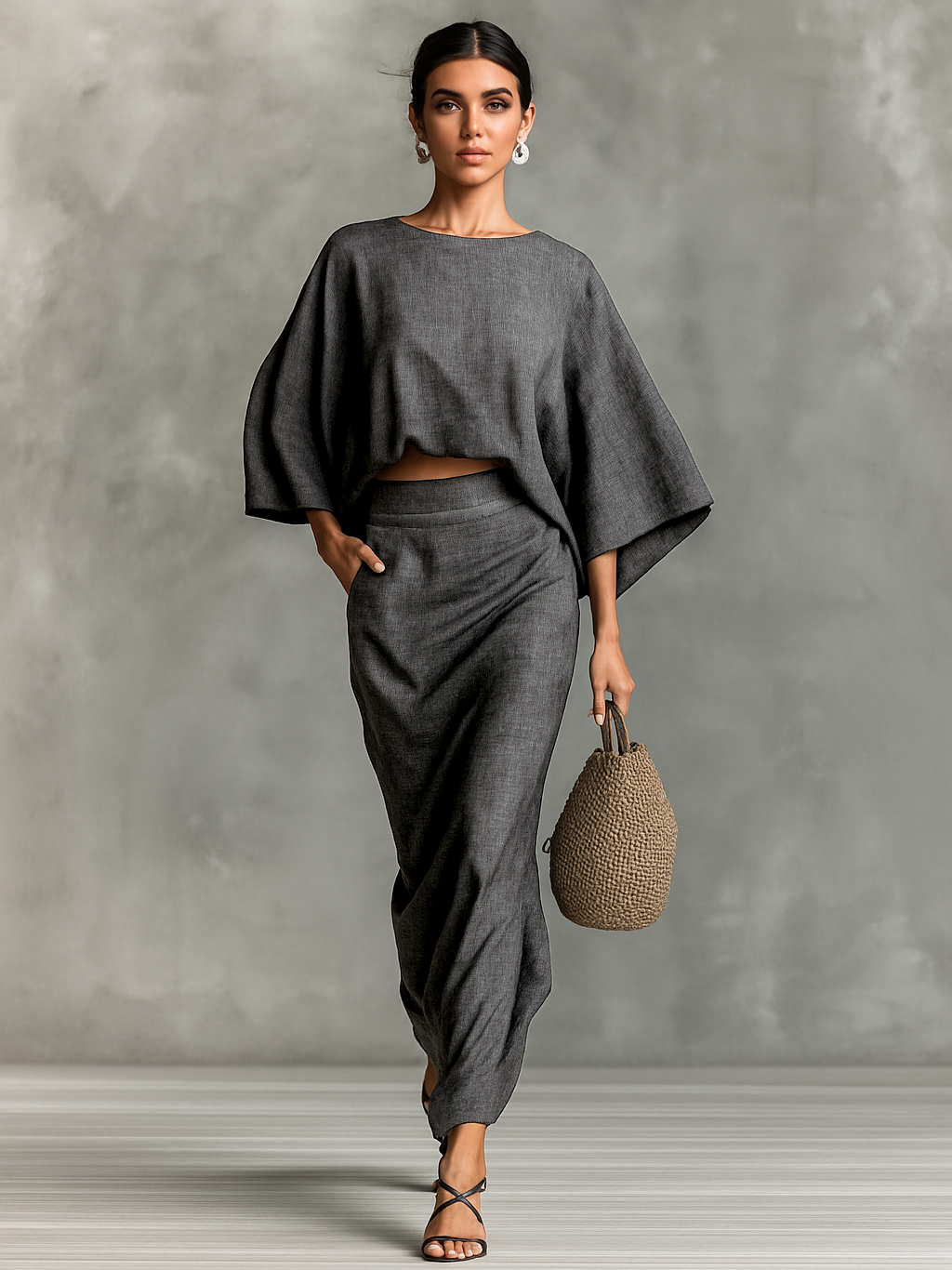 Women's Cotton And Linen Blend Bat Sleeve Long Skirt Two-piece Set