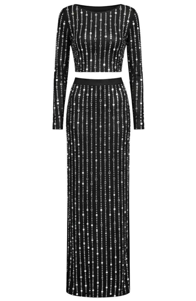 Long Sleeve Crystal Maxi Two Piece Dress Black
