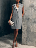 Women's Casual Light Gray Linen Cotton Lapel Half Placket Straight Mini Sleeveless Dress MDZ2692F1GMJ