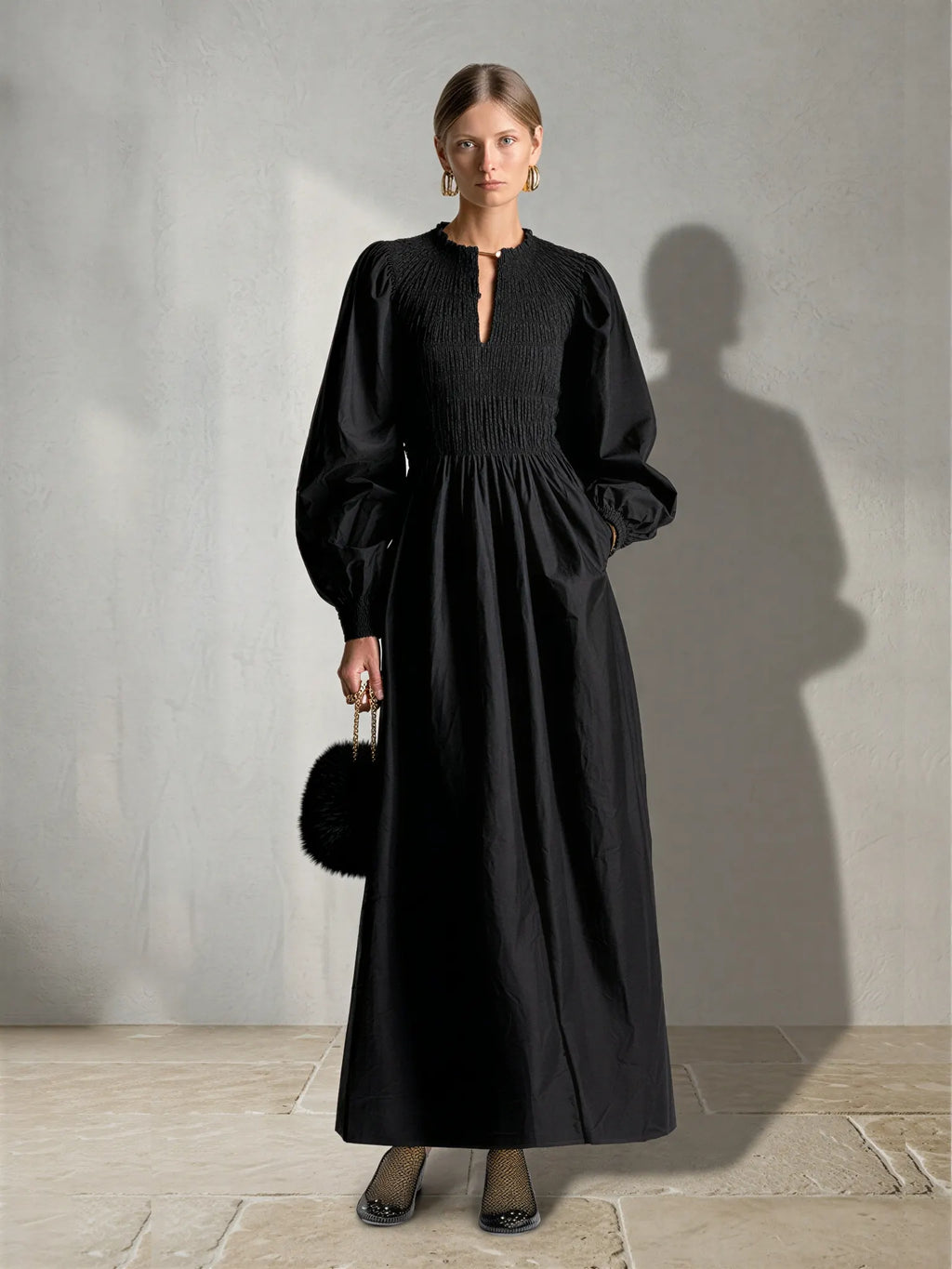 Women's Black Cotton Poplin Maxi Dress With Smocked Elastic Bodice & Puff Balloon Long Sleeves, Minimalist Elegant Side Pocket Flowy Maxi Dress MDZ0616G1LYL