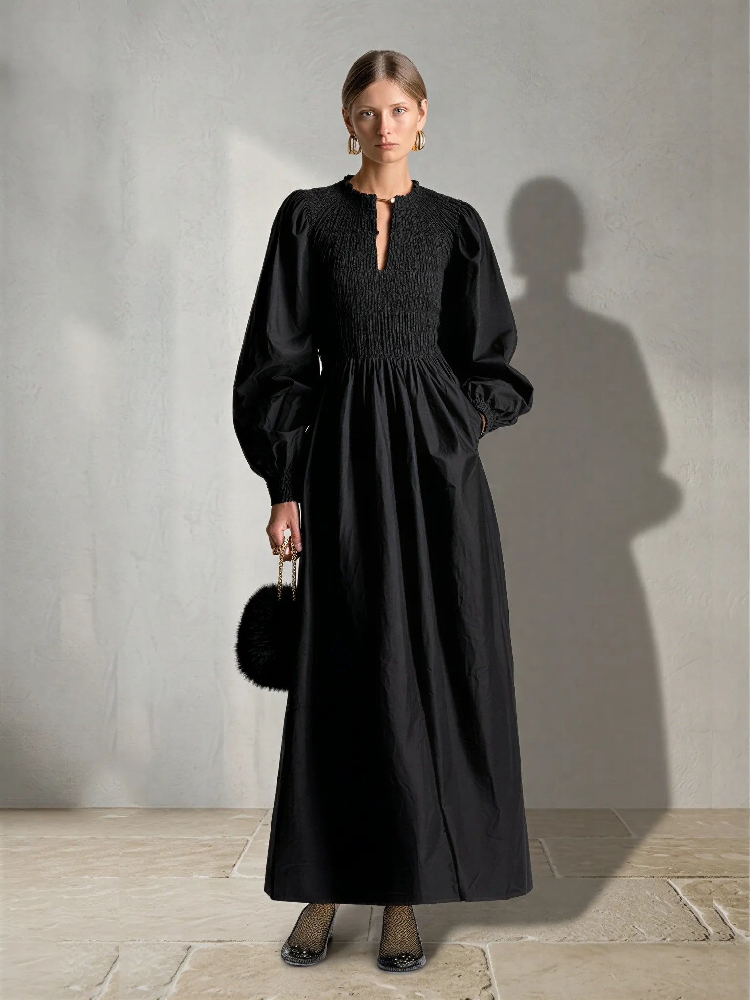 Women's Black Cotton Poplin Maxi Dress With Smocked Elastic Bodice & Puff Balloon Long Sleeves, Minimalist Elegant Side Pocket Flowy Maxi Dress MDZ0616G1LYL