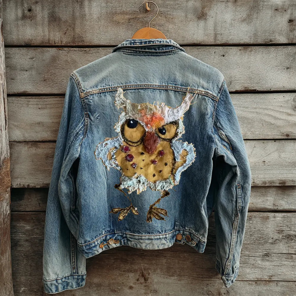 Quirky Owl Patch Vintage Denim Jacket