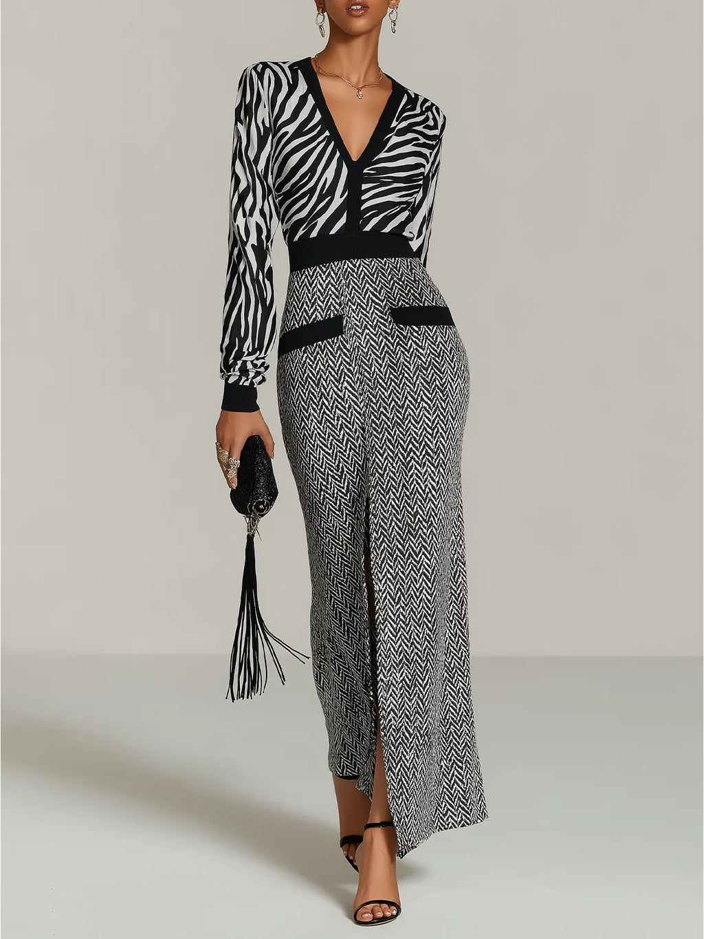 Black And White Zebra Print V-Neck Long Sleeve Maxi Dress