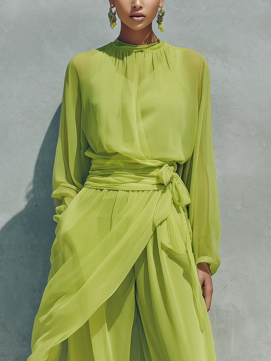 Women’s Lime Green Sheer Chiffon High Neck Balloon Long Sleeve Wrap Tie Waist Overlay Skirt Wide Leg Pants Two Piece Vacation Set MDZ0273G7T