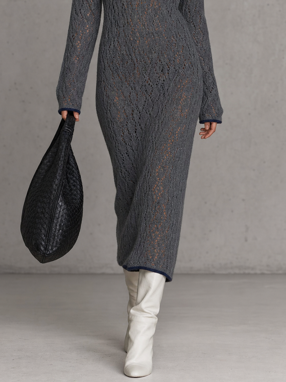 Women's Minimalist Pointelle Stand-Collar V-Neck Long-Sleeve Midi Knit Dress MDZ2159G8WY