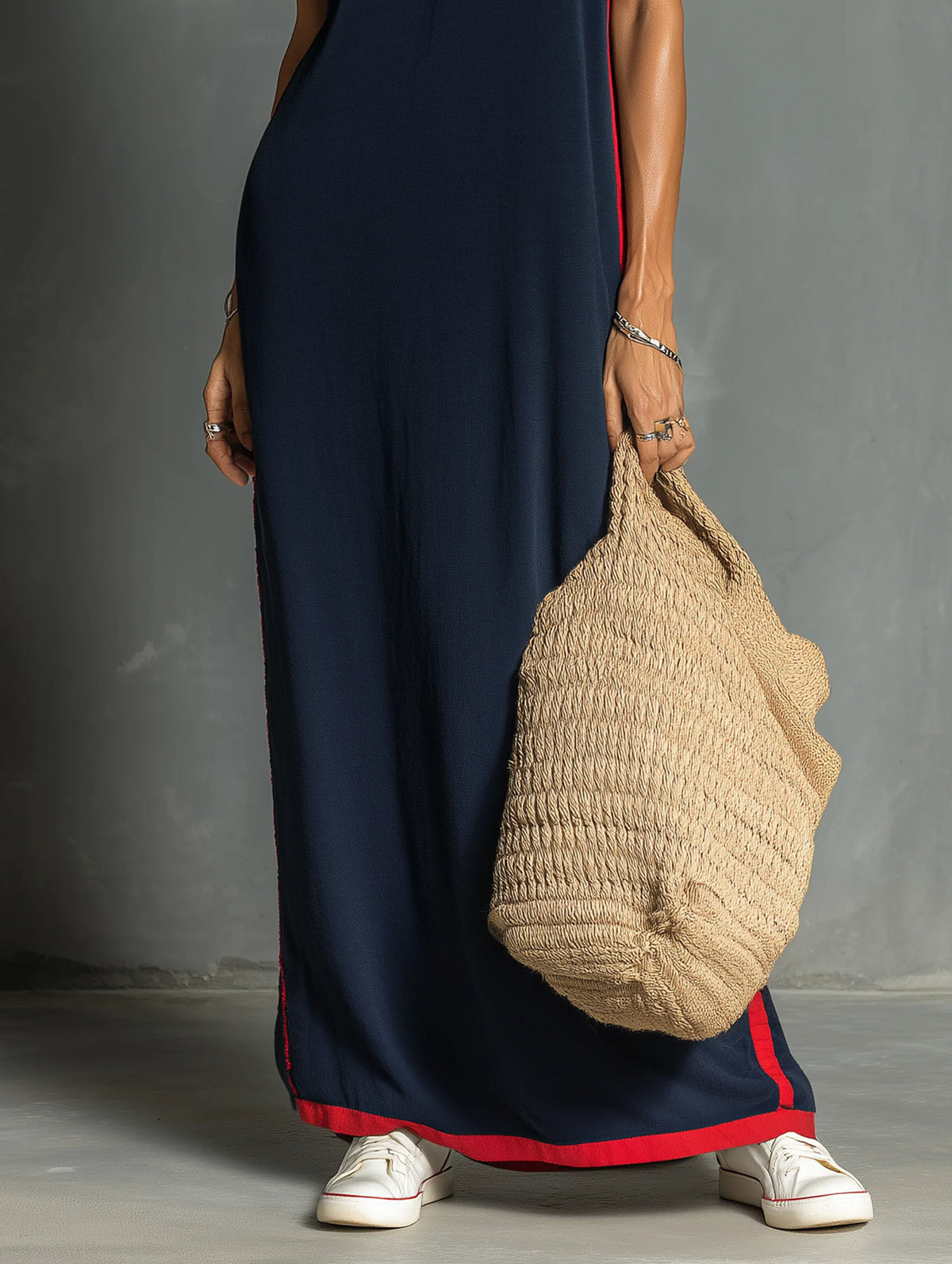 Women's Casual Stretch Knit Sleeveless Maxi Dress With Contrast Trim MDZ3071F6WY