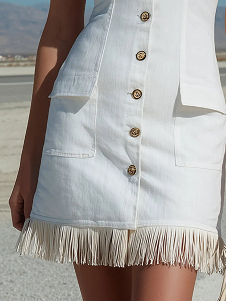 Retro Western White Collared Front Buttoned Tassel Sleeveless Mini Dress