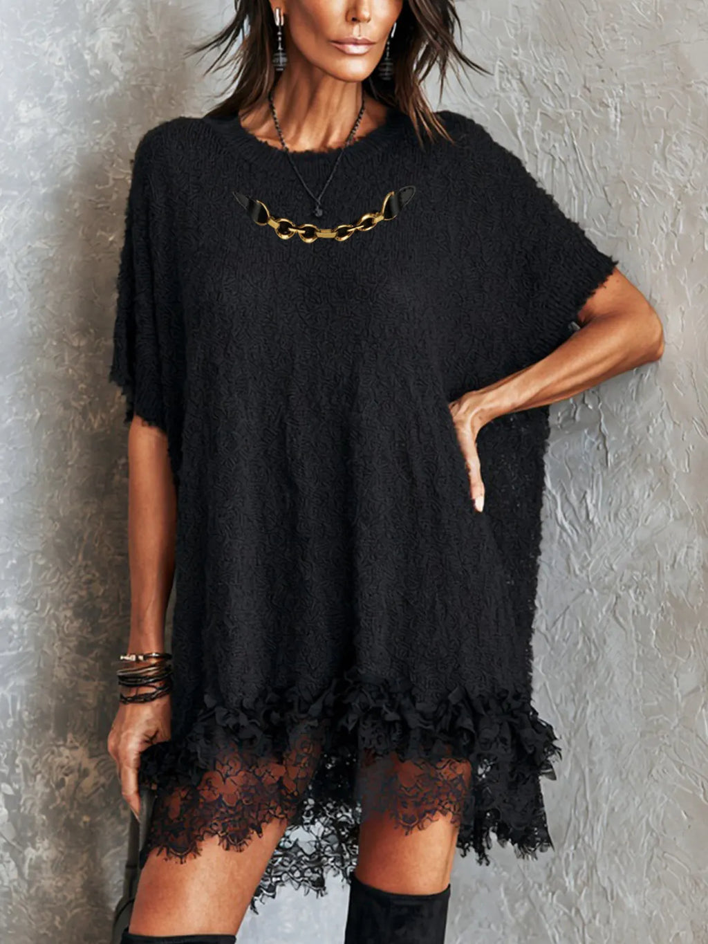 Black Oversized Lace Hem Mini Dress