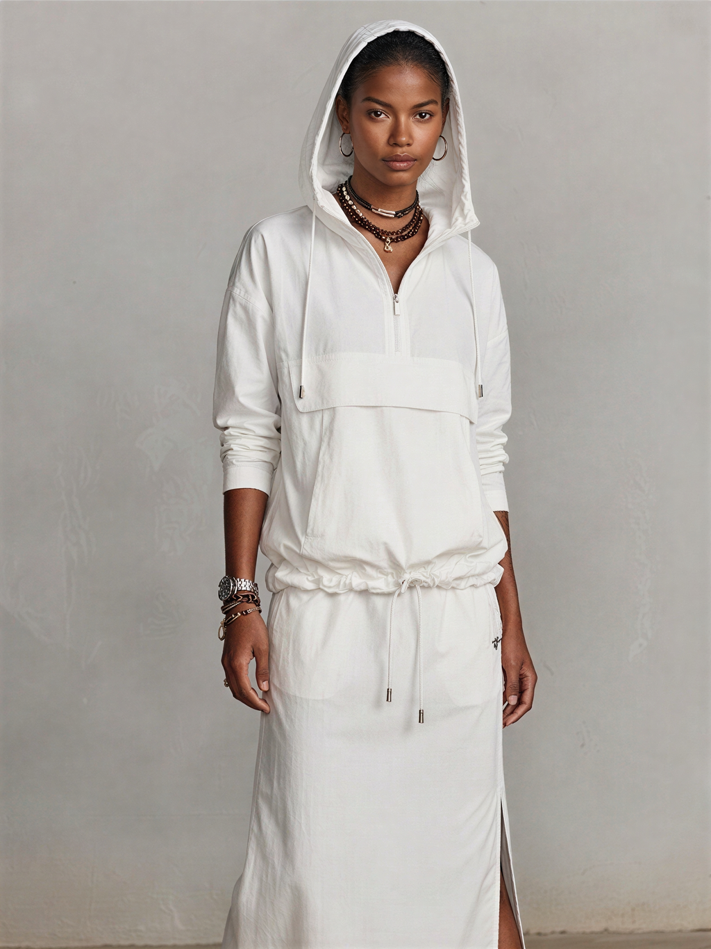 Women's Ivory Lightweight Cotton Matching Outfit With Adjustable Waist Hooded Pullover & High Side Slit Midi Skirt, Versatile Streetwear Two Piece Set MDZ2282G9LYL