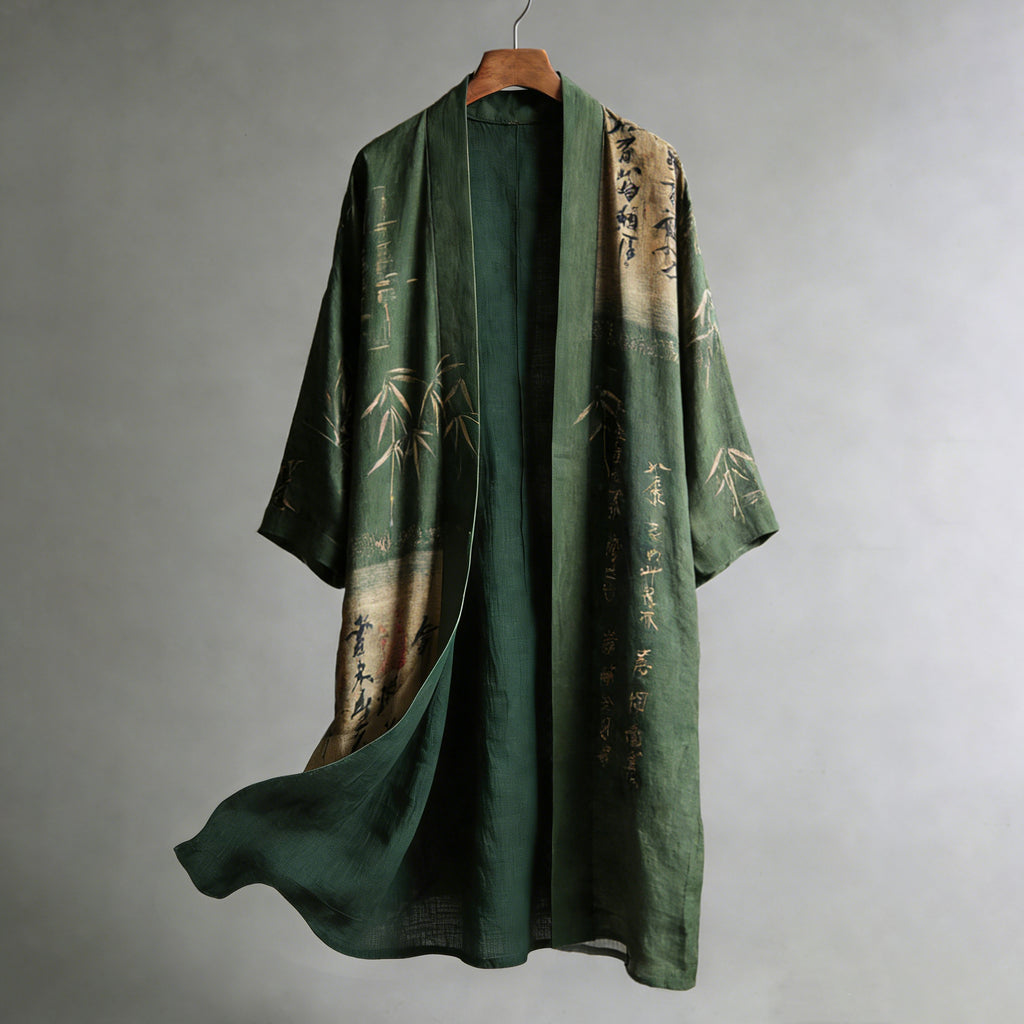Men's Retro Calligraphy And Bamboo Art Linen Long Kimono