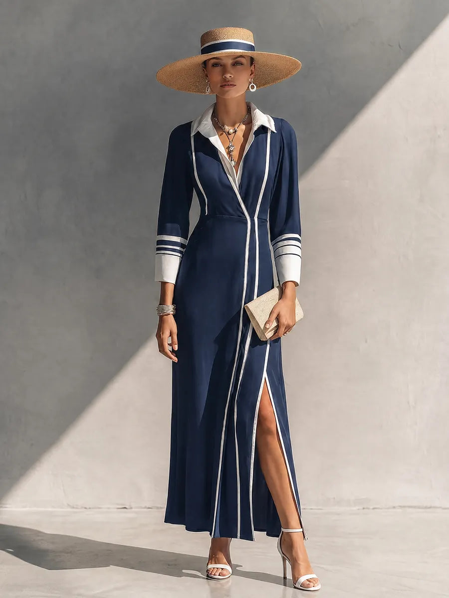 Women's Affordable Luxury Navy Cotton Blend Contrast Color Collar 3/4 Sleeve Side Slit Knit Dress MDZ0210G4GMJ