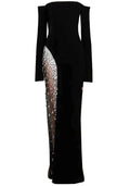 Long Sleeve Bardot Crystal Mesh Maxi Dress Black