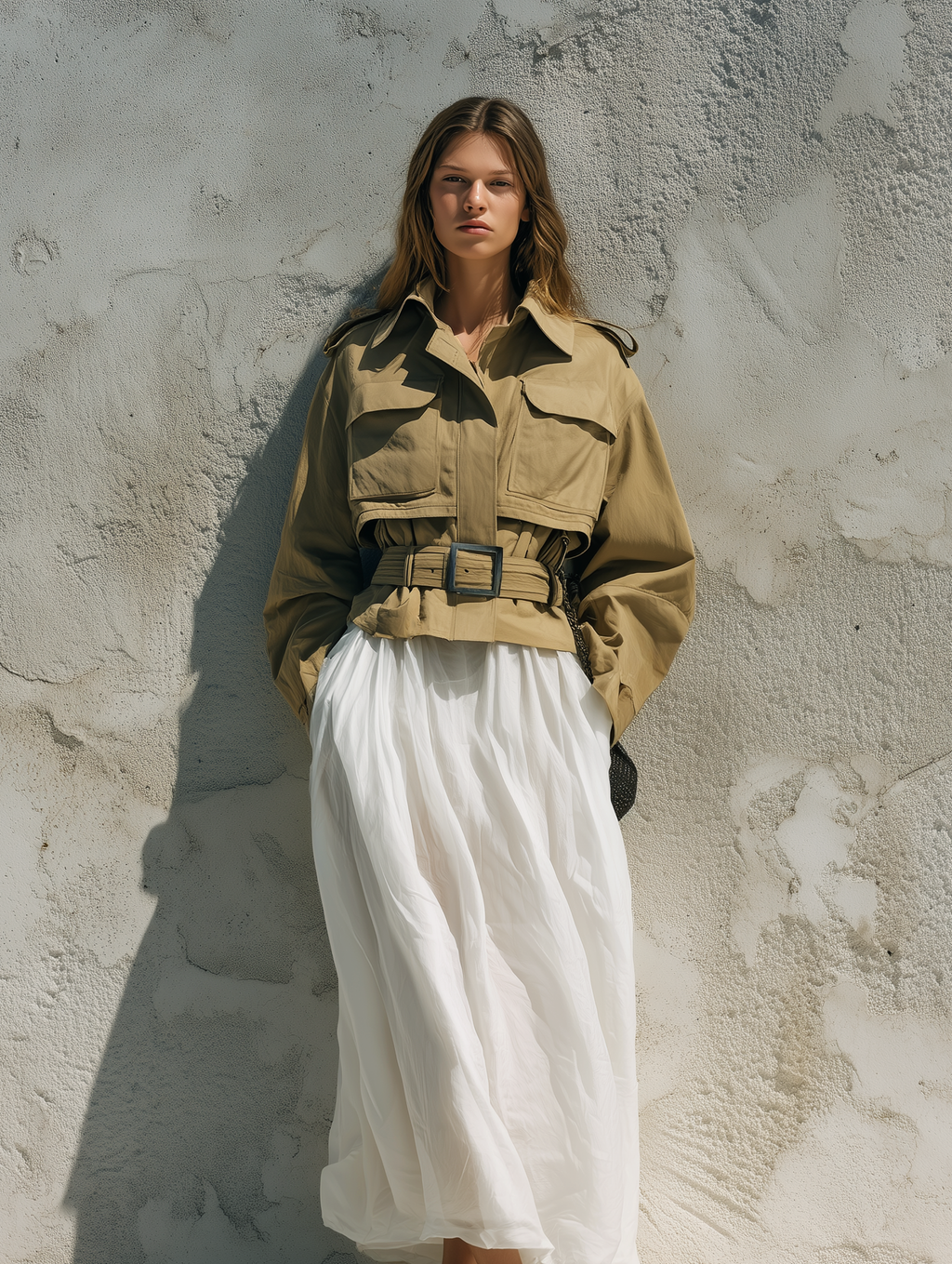 Women's Casual Khaki Woven Long-Sleeve Utility-Style Cropped Trench Coat (Belt Included) MDZ2408G9LXY