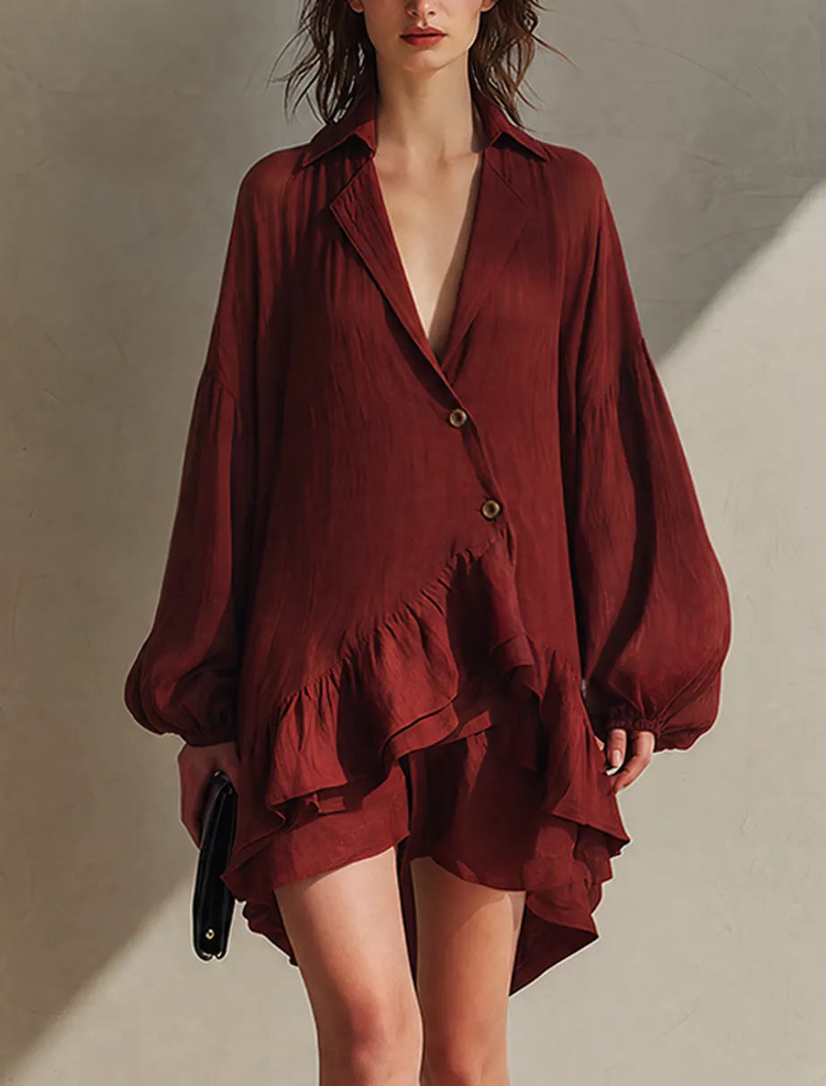 Women's Minimalist Solid Red Cotton-Linen Blend Single-Breasted Collared Long-Sleeve Mini Dress MDZ0971G6ZRK