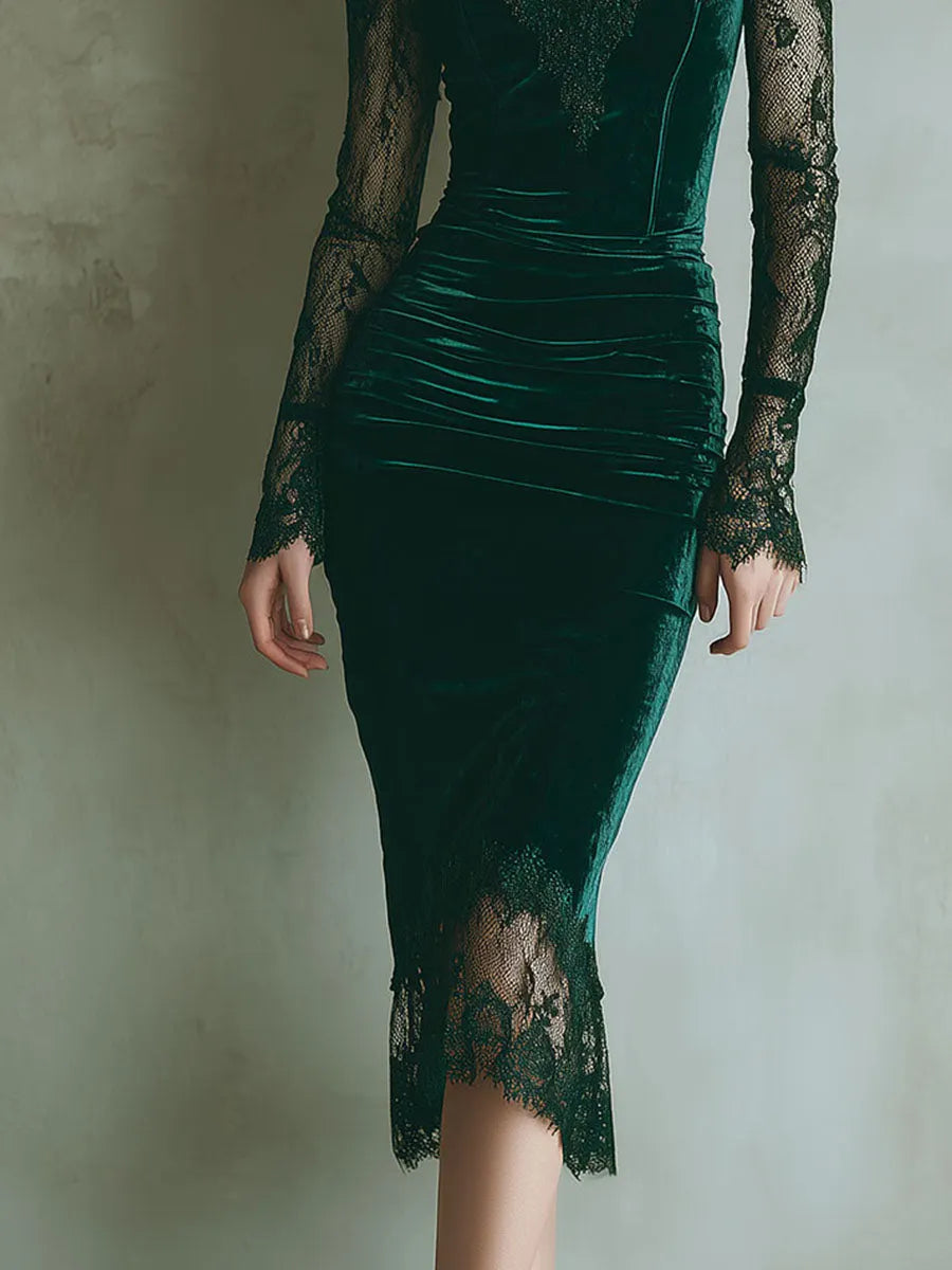 Elegant Green Velvet Long Sleeve Lace Midi Dress