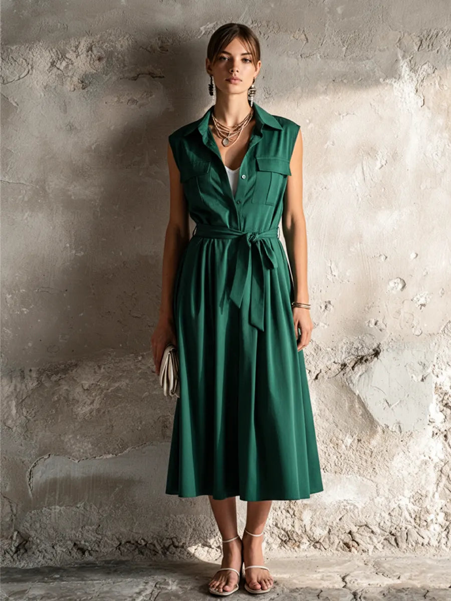 Women's Retro Office Style Dark Green Cotton Blend Lapel Sleeveless Waist Tie Fake Two-Piece Midi Dress MDZ3089F1GMJ