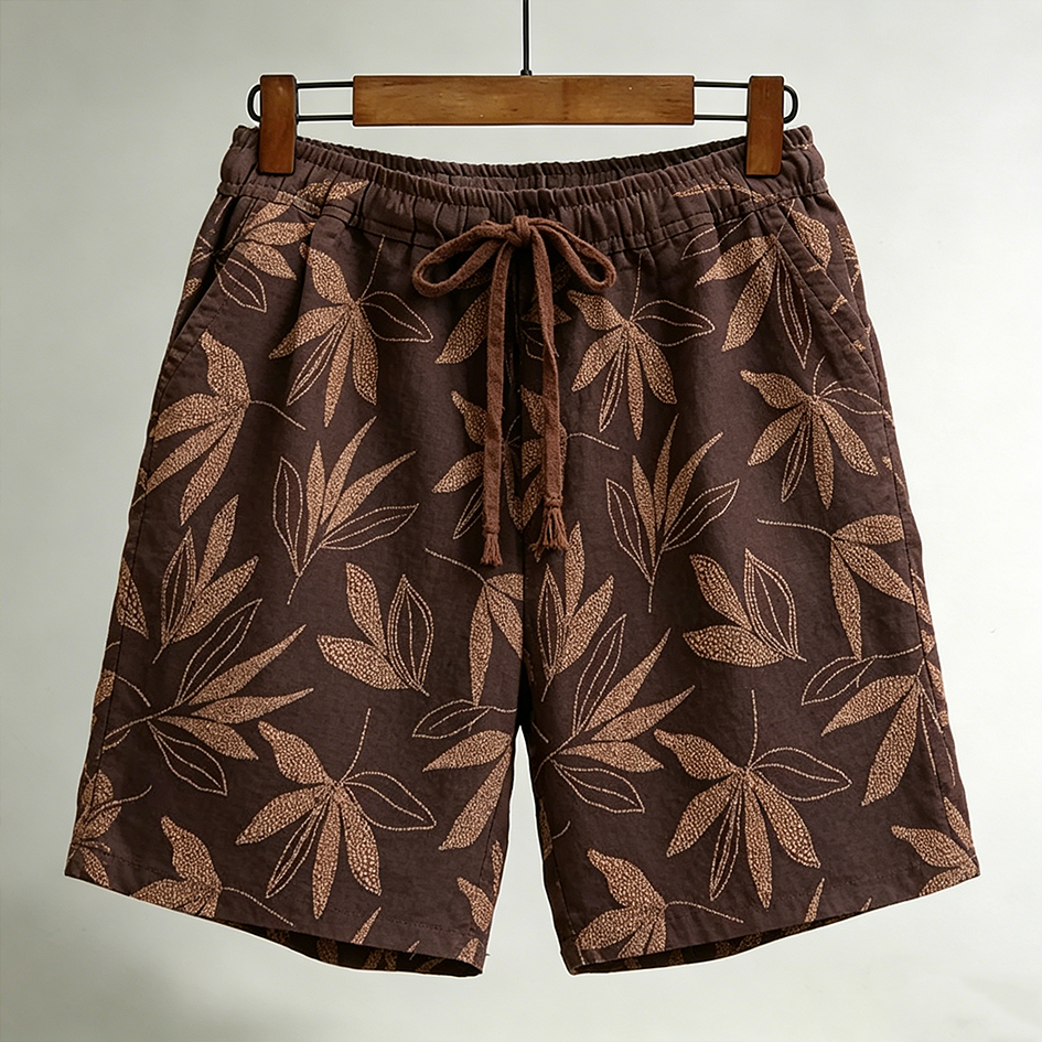 Men's Plant Embroidery Design Spring And Summer Casual Linen Shorts